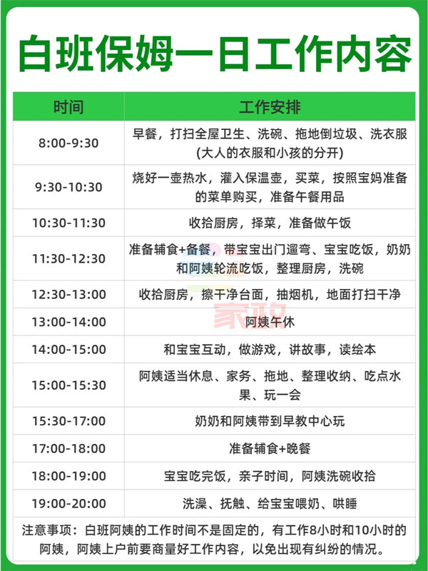 白班保姆阿姨一日工作內(nèi)容表，打印照著做就可以了